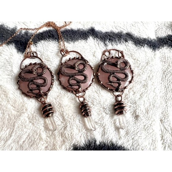 Divine LOVE Rose Quartz + CLear Quartz Point Serpent Snake Pendant Necklace - Picture 5 of 6